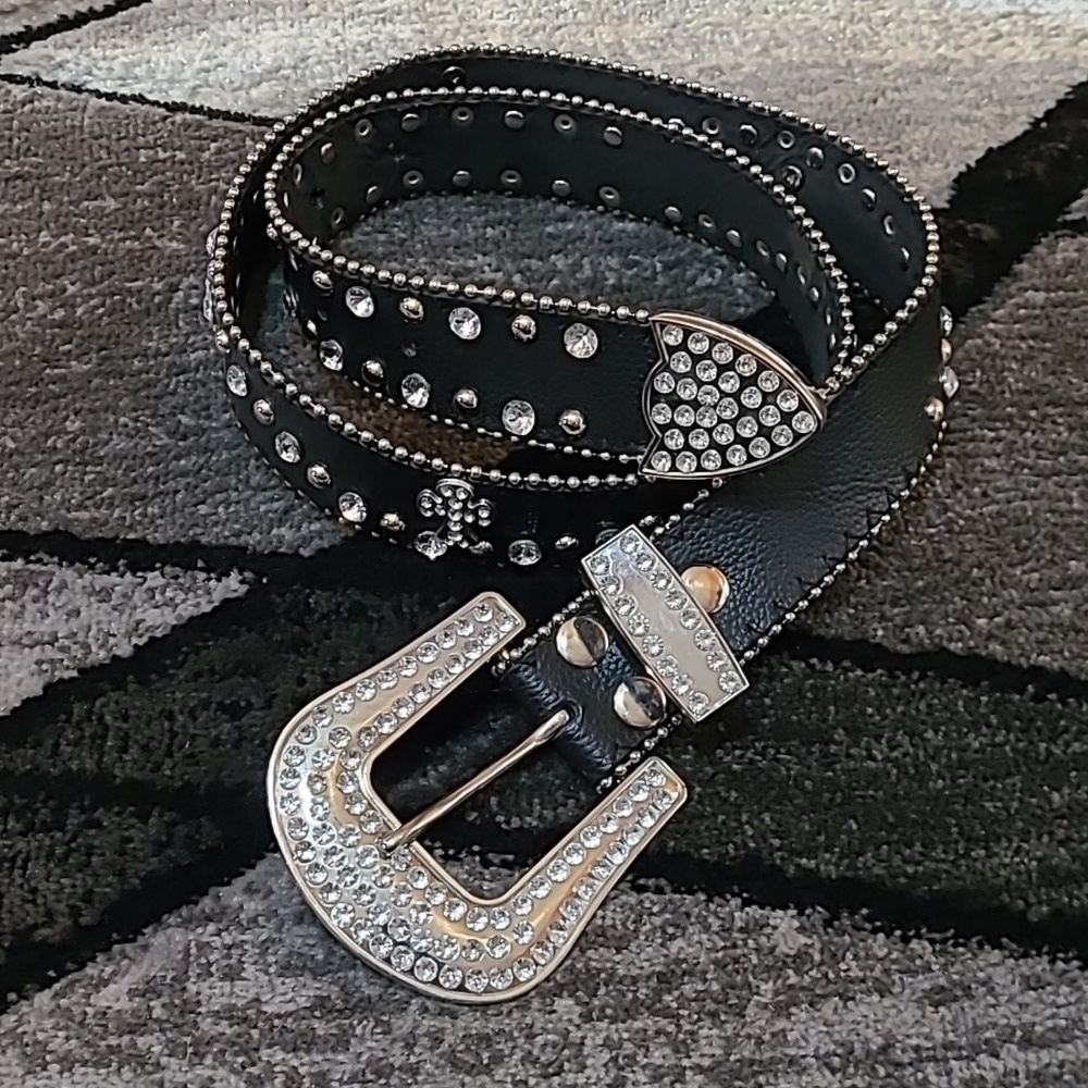 WESTERN BLACK LEATHER RHINESTONES STUDDED CROSS BELT
